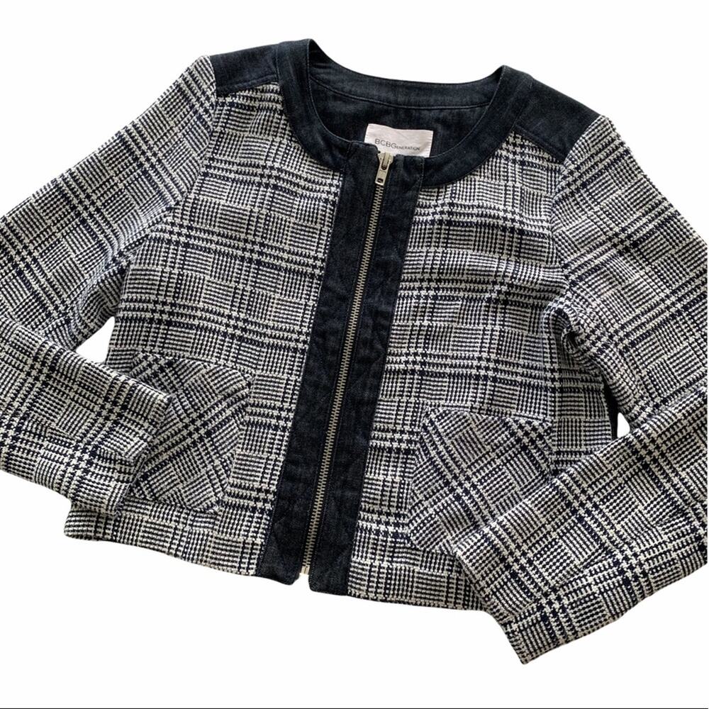 BCBGeneration Plaid Print & Denim Zip Up Blazer Jacket Women's Size 10